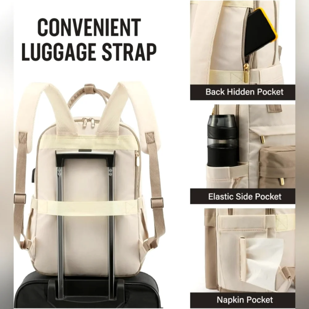 Cream and Tan Women’s Convertible Backpack with USB Charging Port